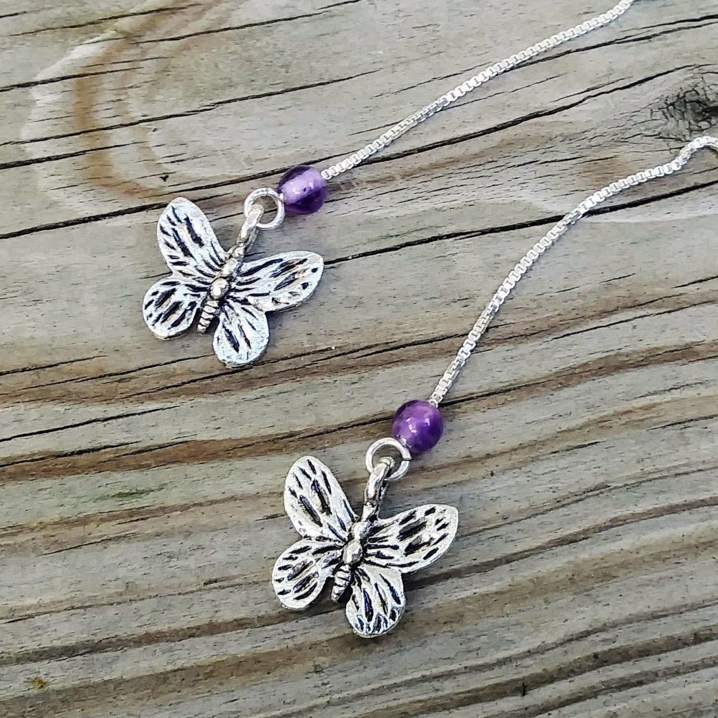 Butterfly Charm Threader Earrings with Chakra Gemstone Set - 4 inch 0.925 Sterling Silver Threads