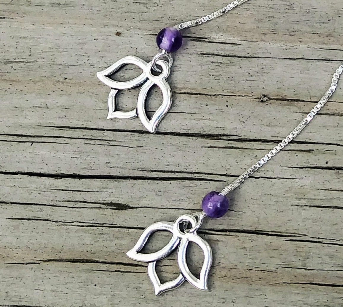 Lotus Charm Threader Earrings with Chakra Gemstone Set - 4 inch 0.925 Sterling Silver Threads