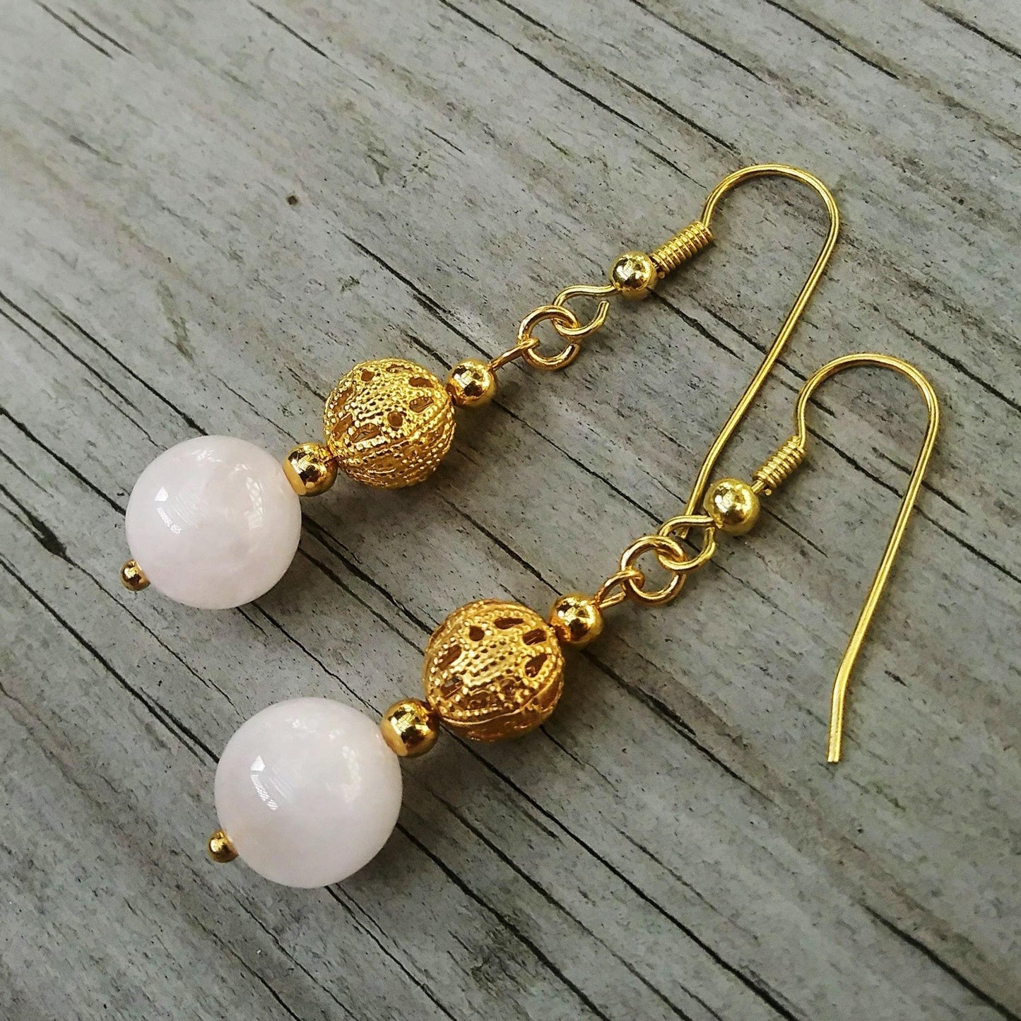 Rose Quartz Dangle Earrings with Edwardian Gold Filigree
