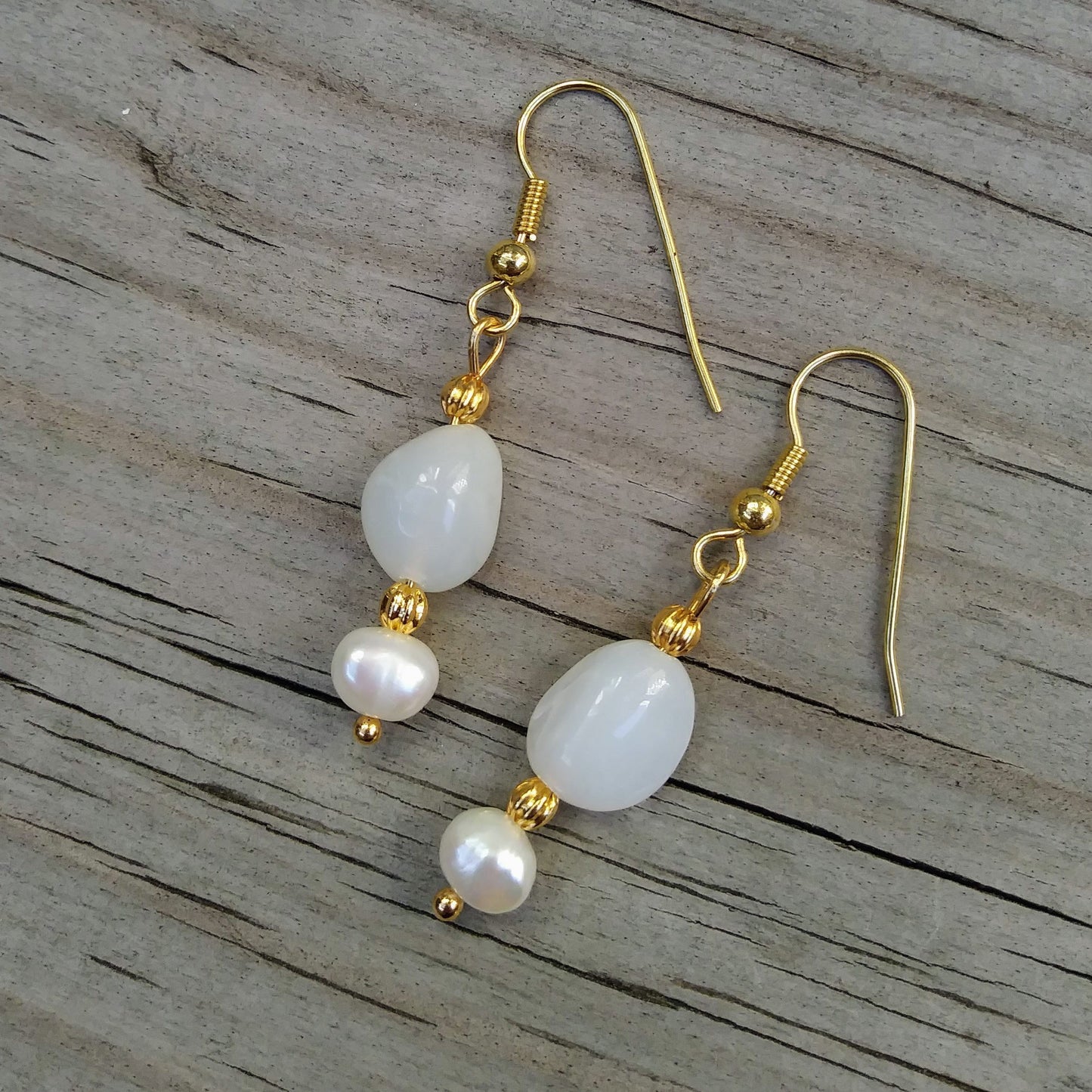 Peruvian White Opal Gold Dangle Earrings with Pearl Accents