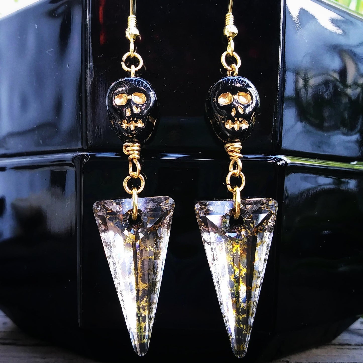 Large Austrian Crystal Spike & Black Skull Gold Statement Earrings