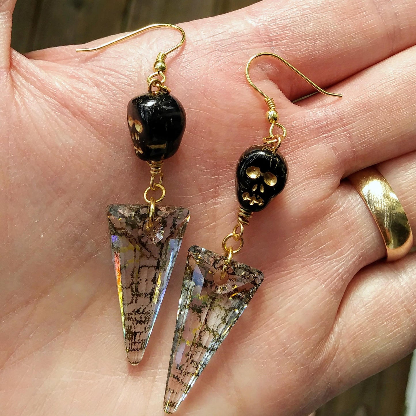 Large Austrian Crystal Spike & Black Skull Gold Statement Earrings