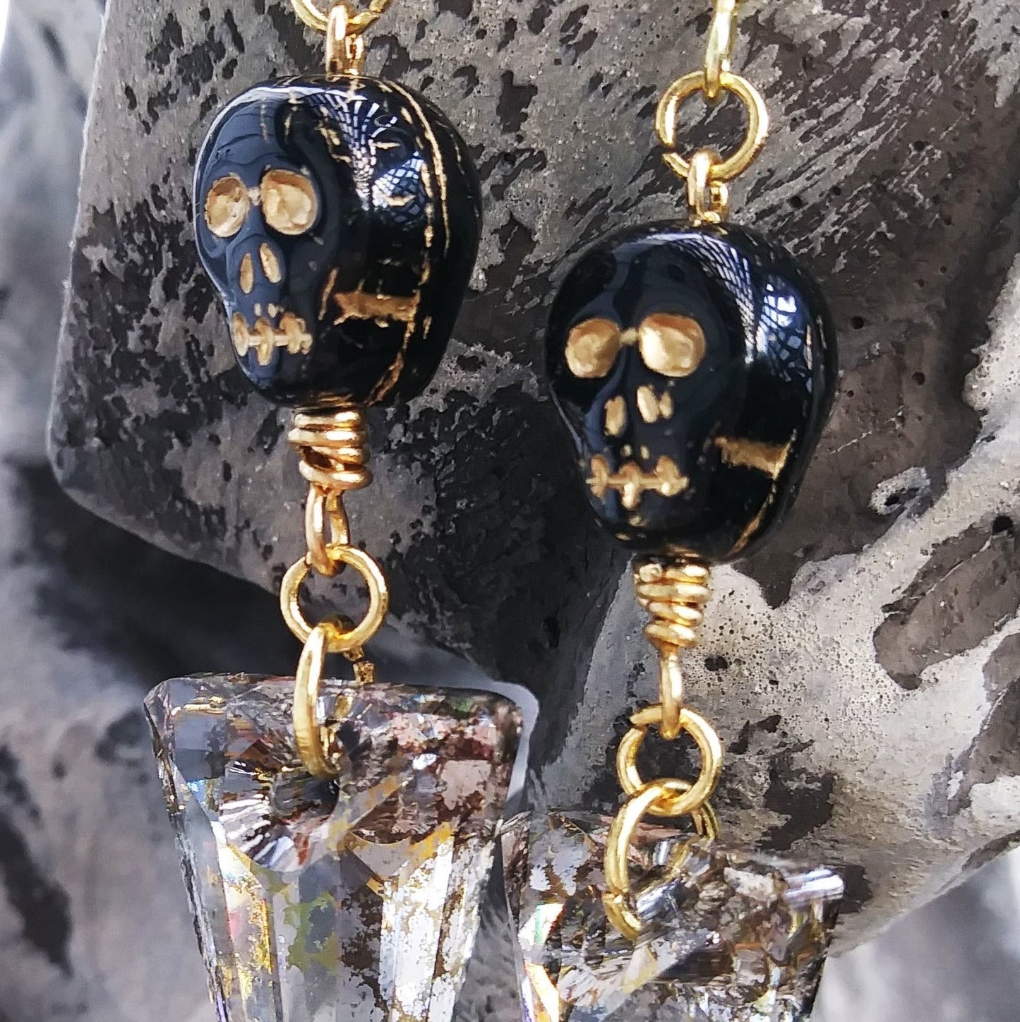 Large Austrian Crystal Spike & Black Skull Gold Statement Earrings