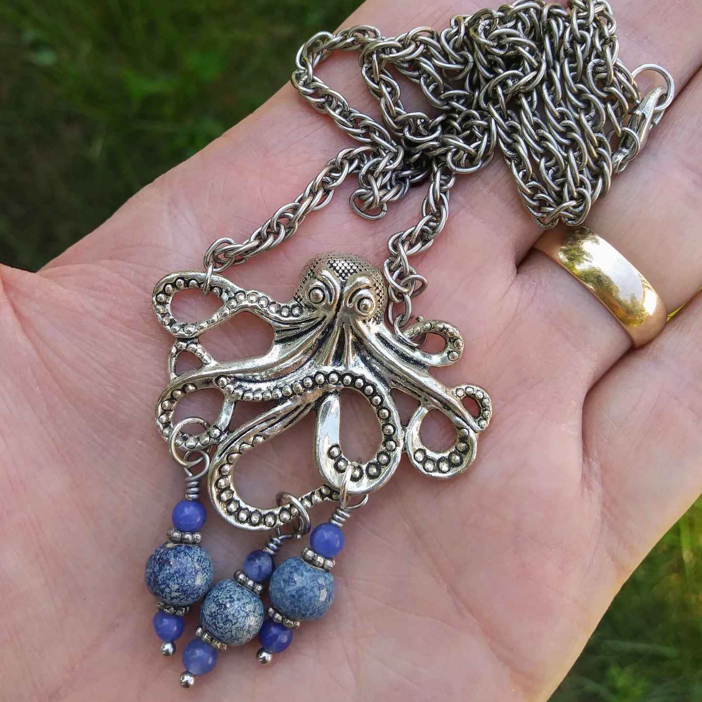 Ocean Blue Silver Kraken Octopus Necklace on Thick Silver Rope Chain