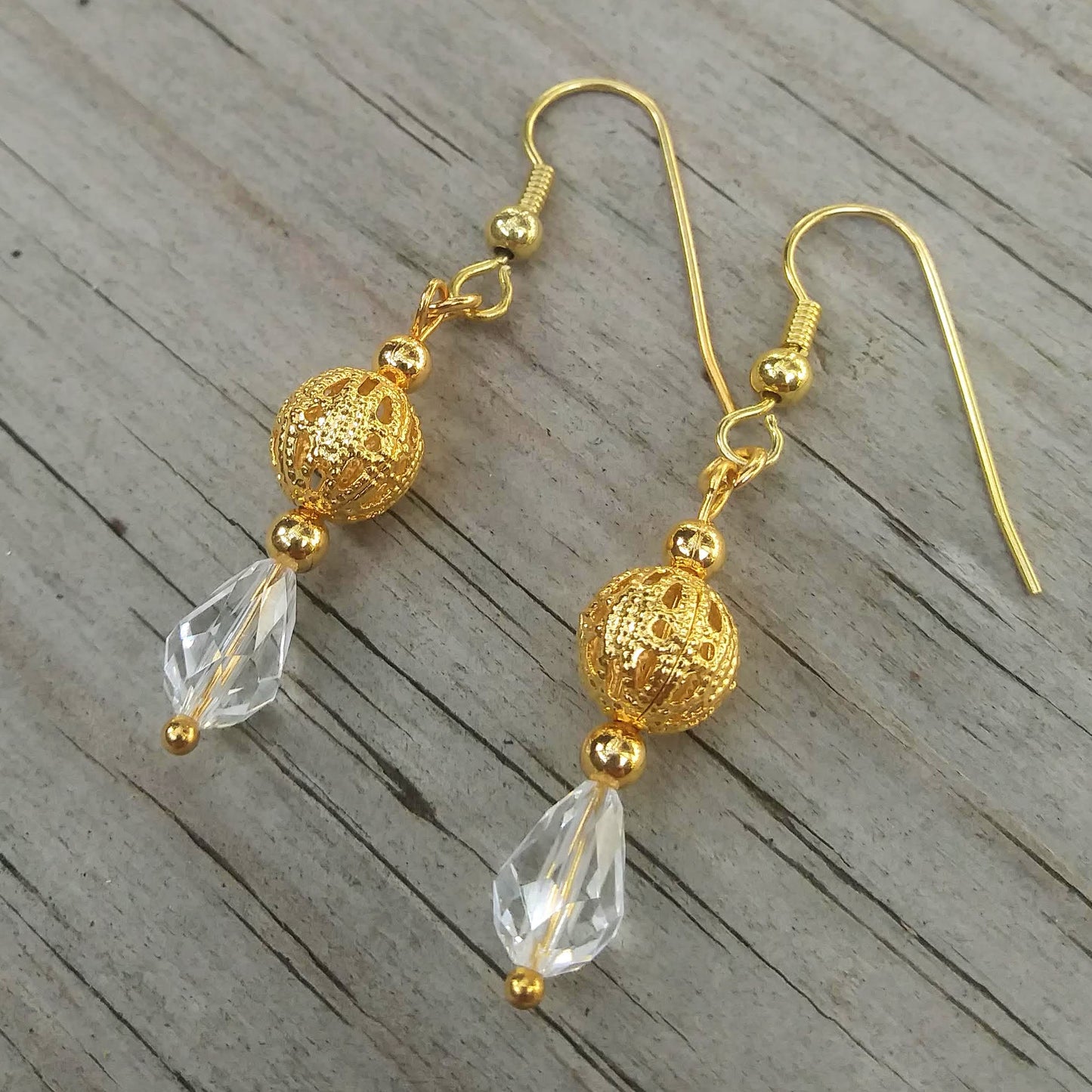 Clear White Austrian Crystal Dangle Earrings w Edwardian Gold Filigree