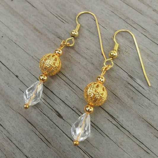 Clear White Austrian Crystal Dangle Earrings w Edwardian Gold Filigree
