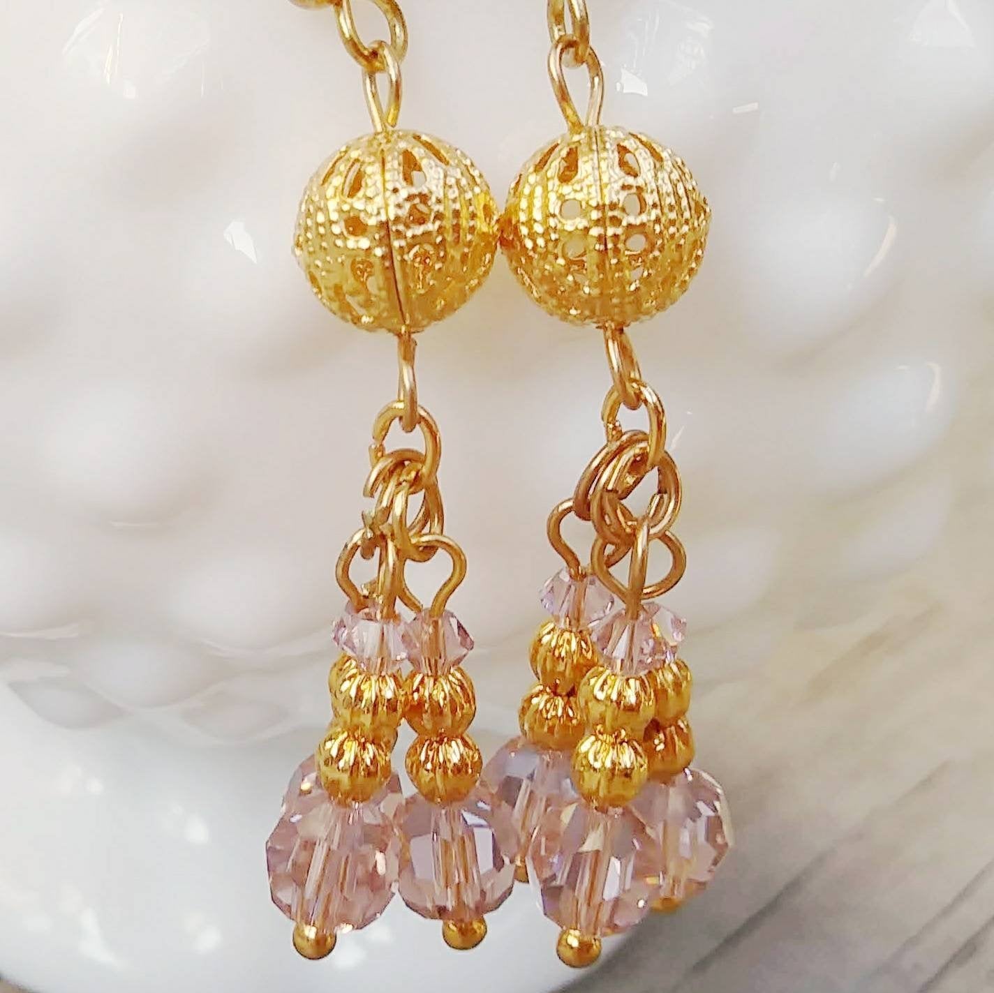 Romantic Light Pink Austrian Crystal Cluster Earrings with Edwardian Gold Filigree