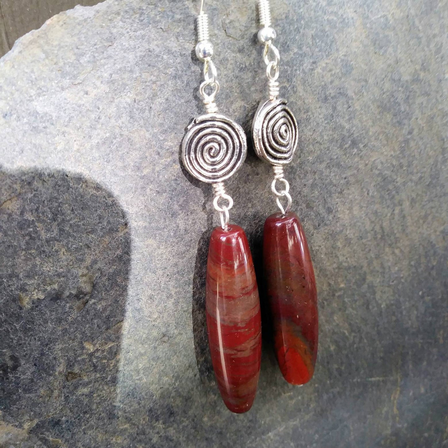 Silver Spiral & Red Jasper Stone Spike Statement Earrings