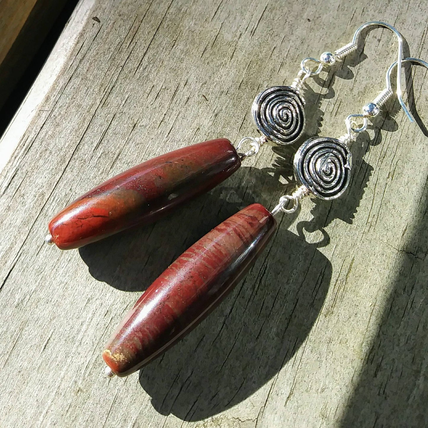 Silver Spiral & Red Jasper Stone Spike Statement Earrings