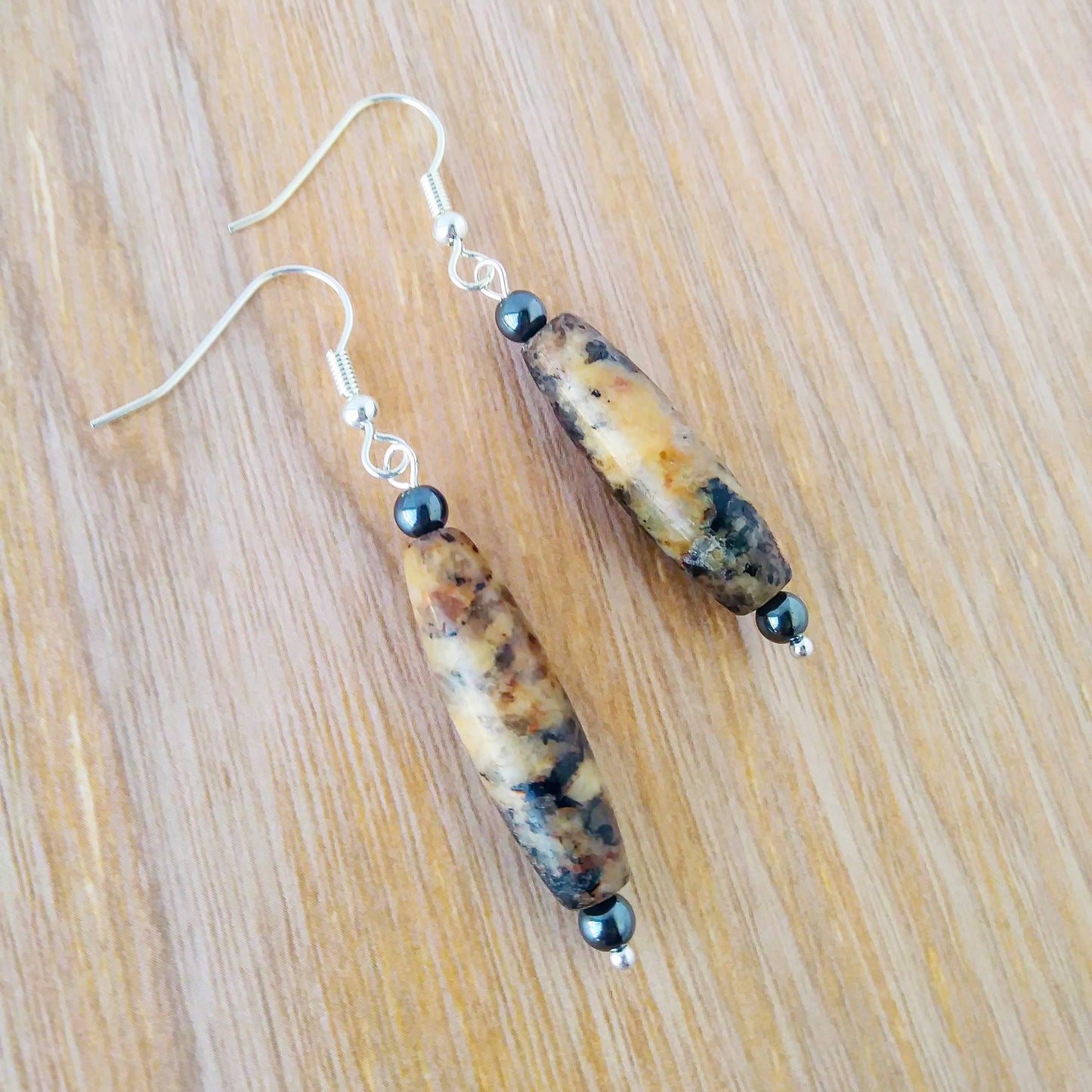 Autumn Spikes Hematite & Brown Stone Dangle Earrings