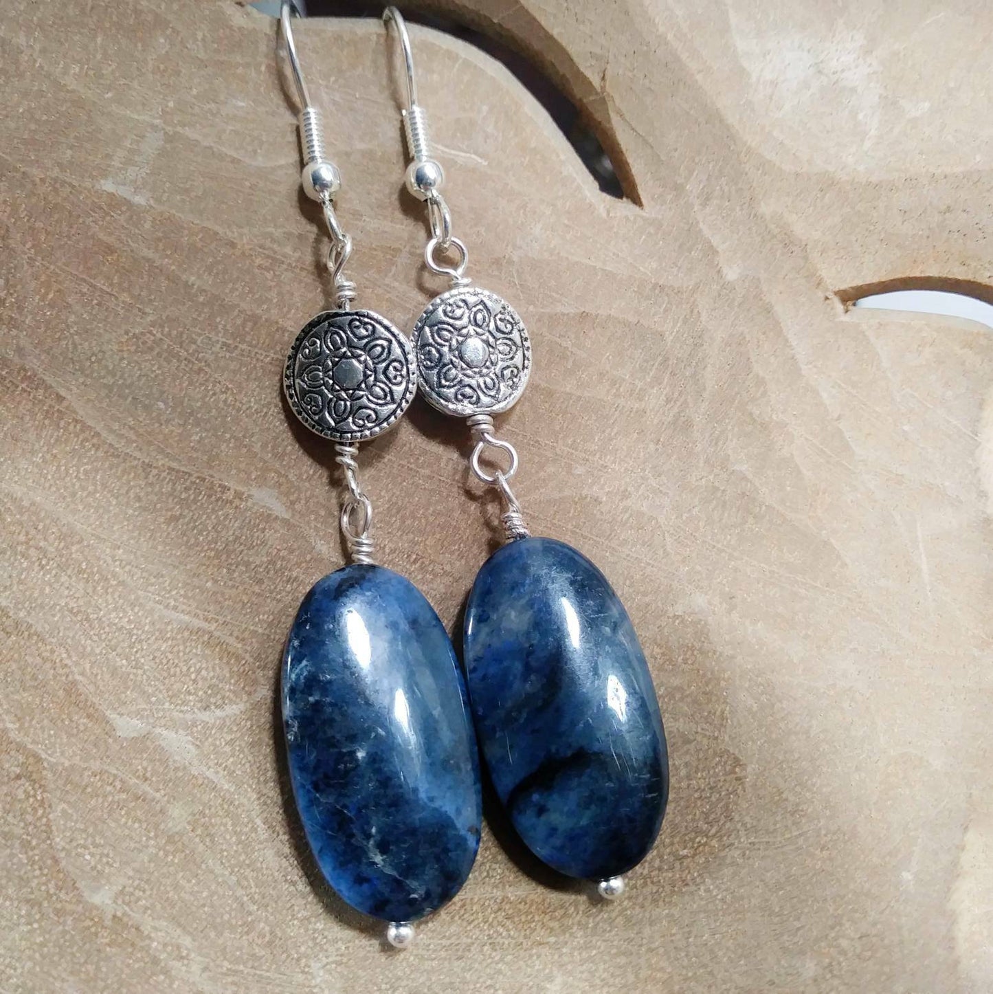Large Blue Flower Dumortierite Silver Statement Earrings