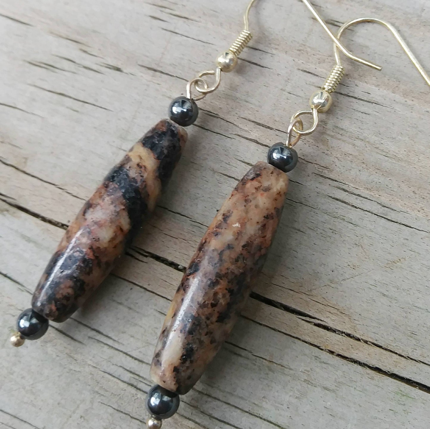 Autumn Spikes Hematite & Brown Stone Dangle Earrings