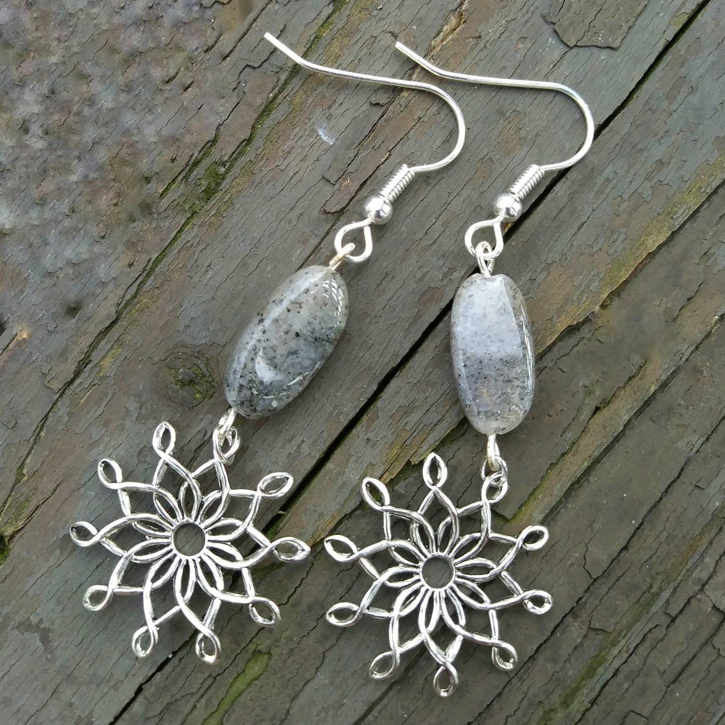 Sterling Silver Vintage Starbursts w Spotted Gray Quartz Dangle Earrings