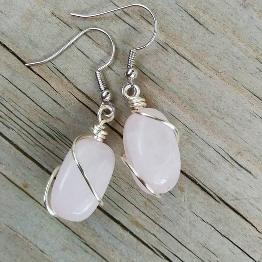 Rose Quartz Silver Wire Wrap Dangle Earrings