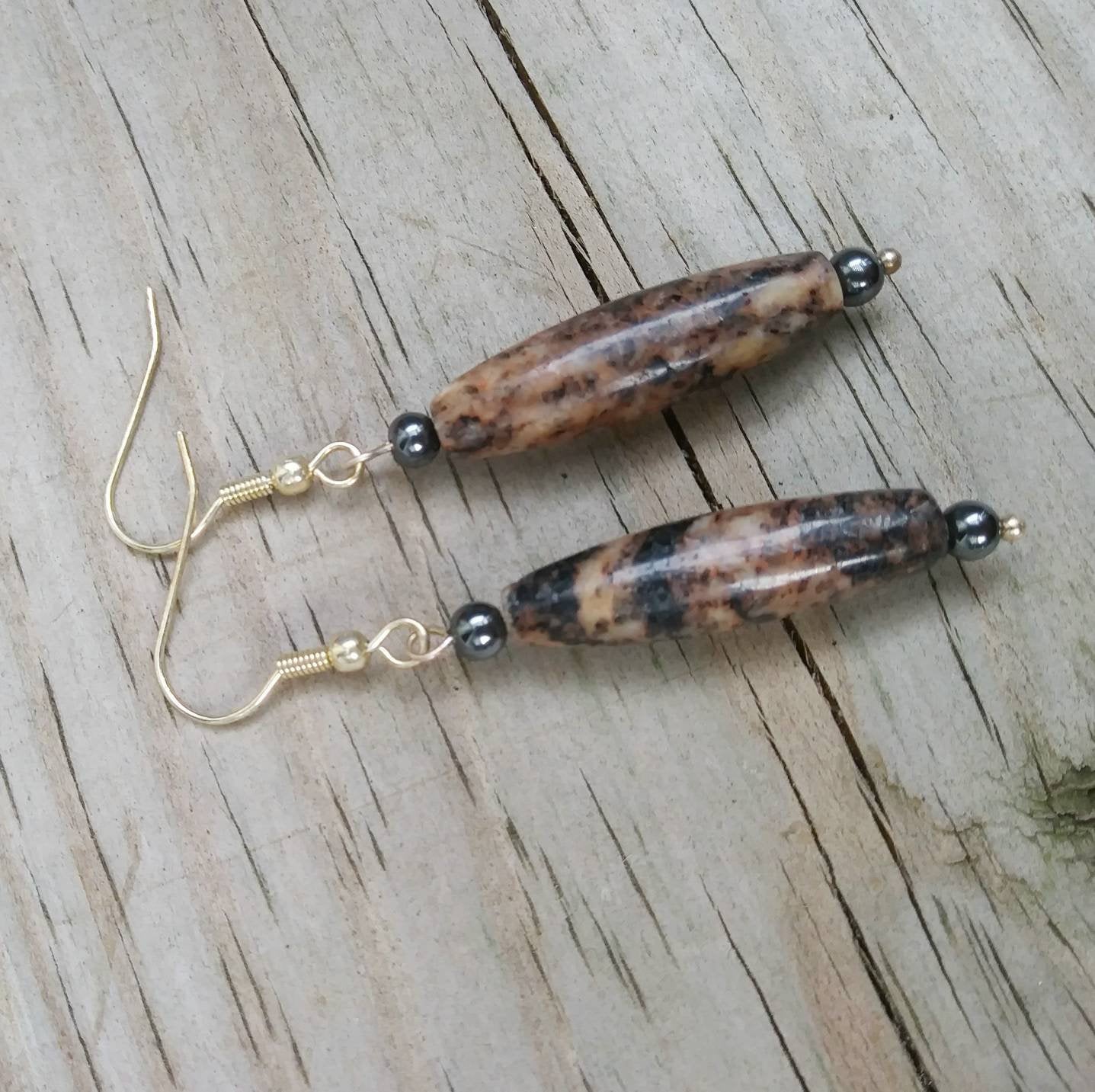 Autumn Spikes Hematite & Brown Stone Dangle Earrings