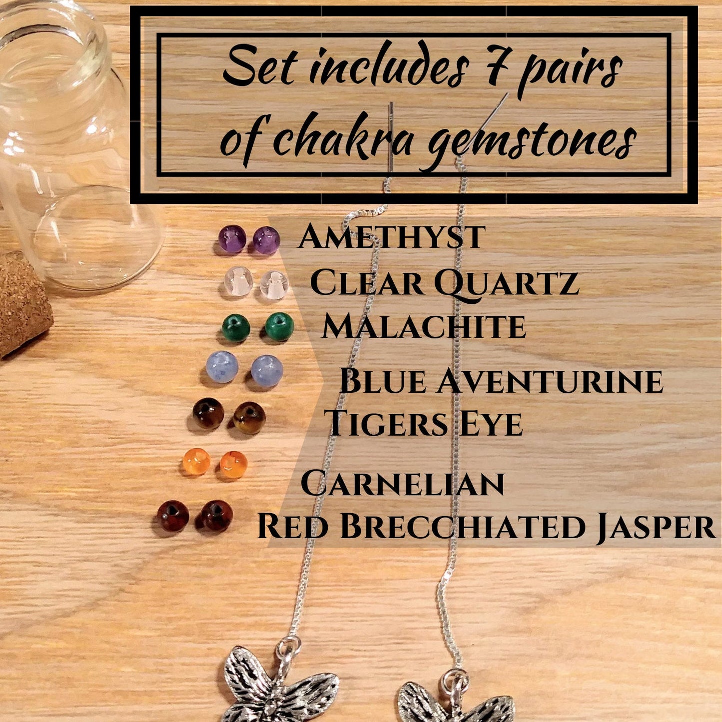 Heart Charm Threader Earrings with Chakra Gemstone Set - 4 inch 0.925 Sterling Silver Threads