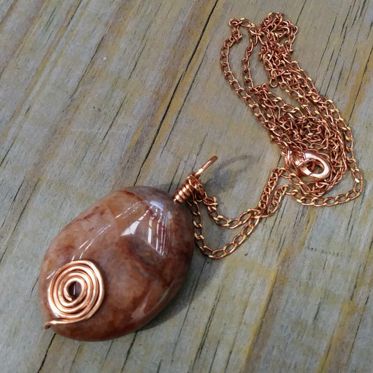 Upcycled Brown Agate Pendant w Copper Spiral Wire Wrap