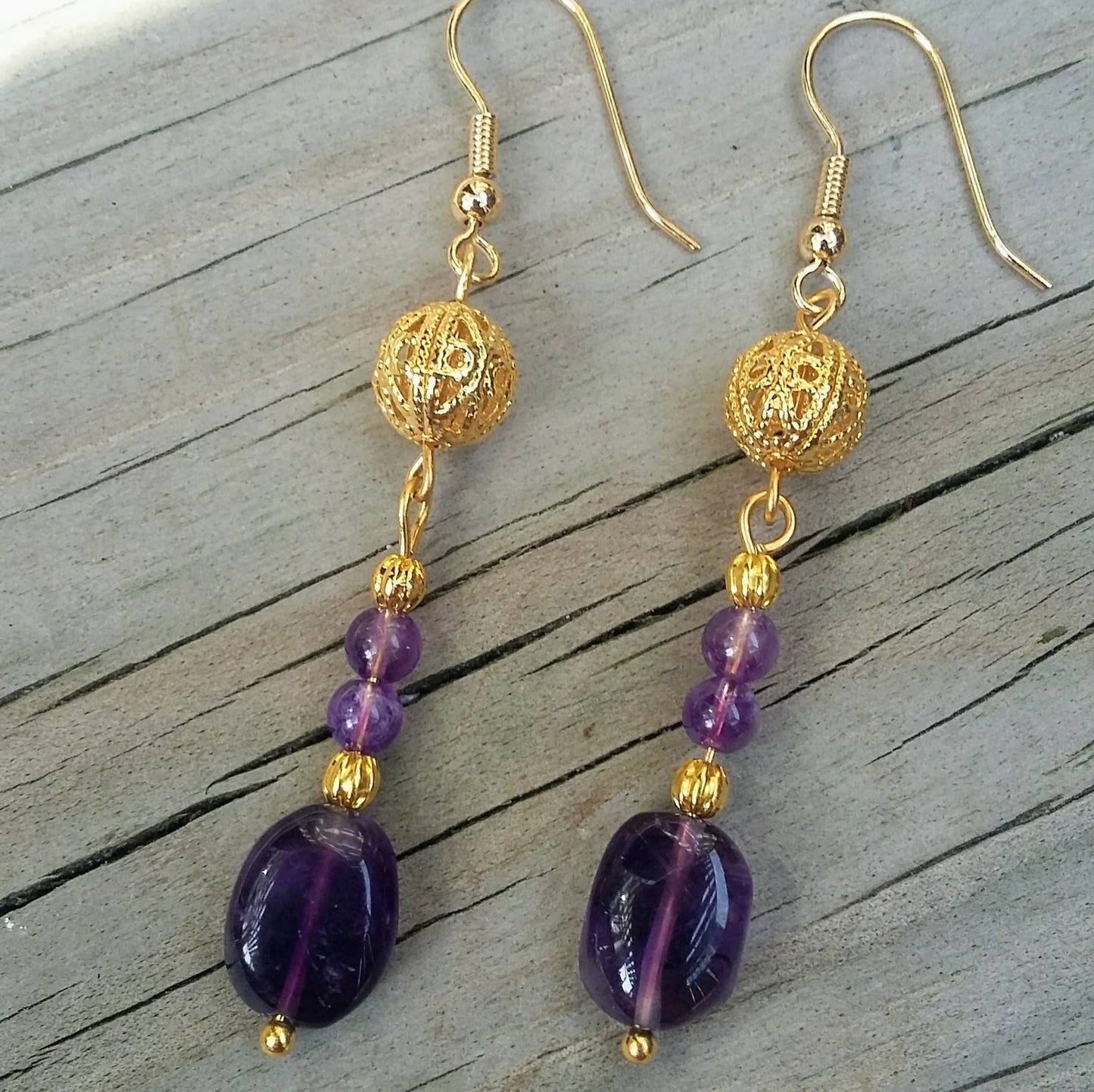 Genuine Amethyst Dangle Earrings w Edwardian Gold Filigree