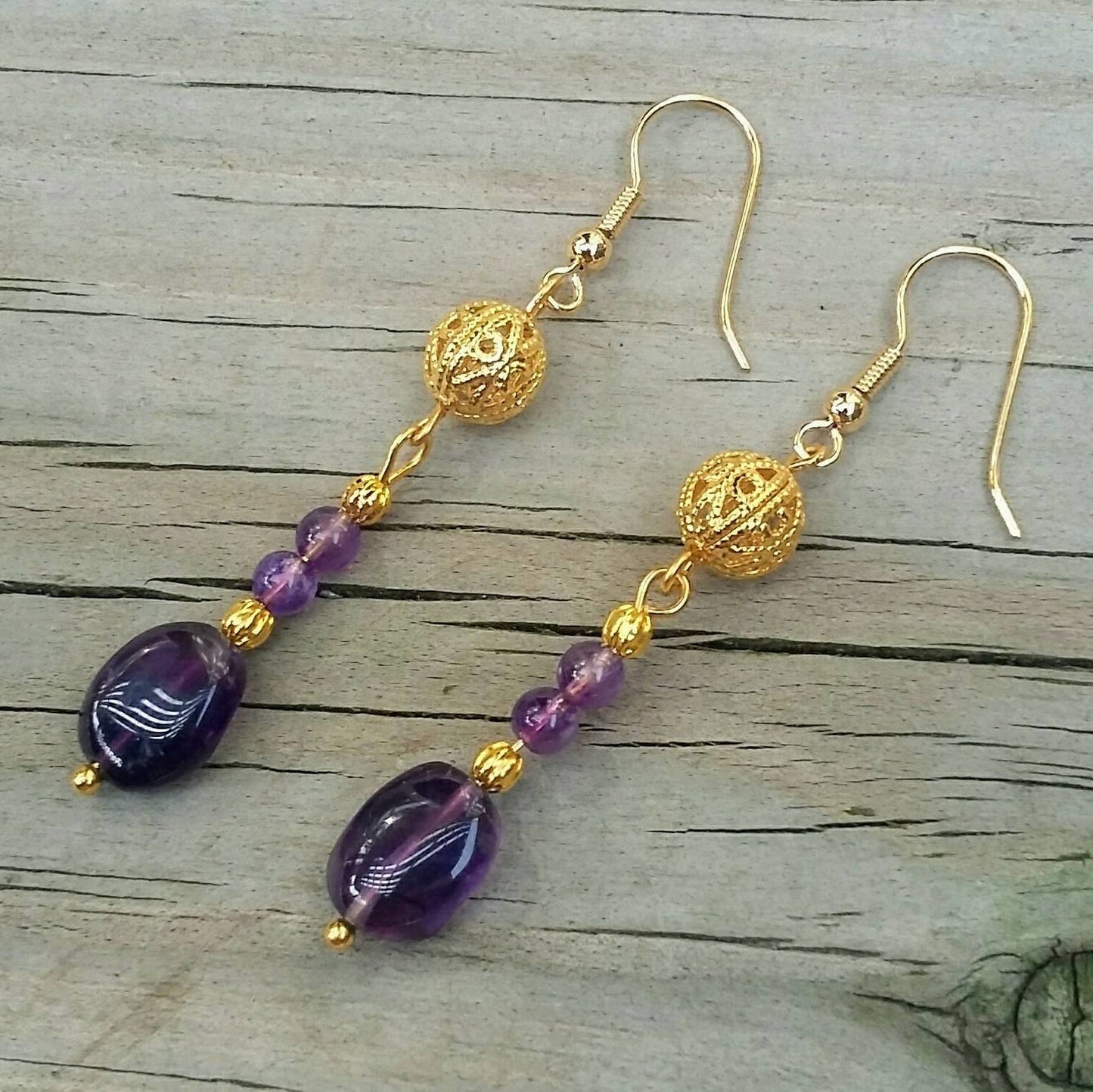 Genuine Amethyst Dangle Earrings w Edwardian Gold Filigree