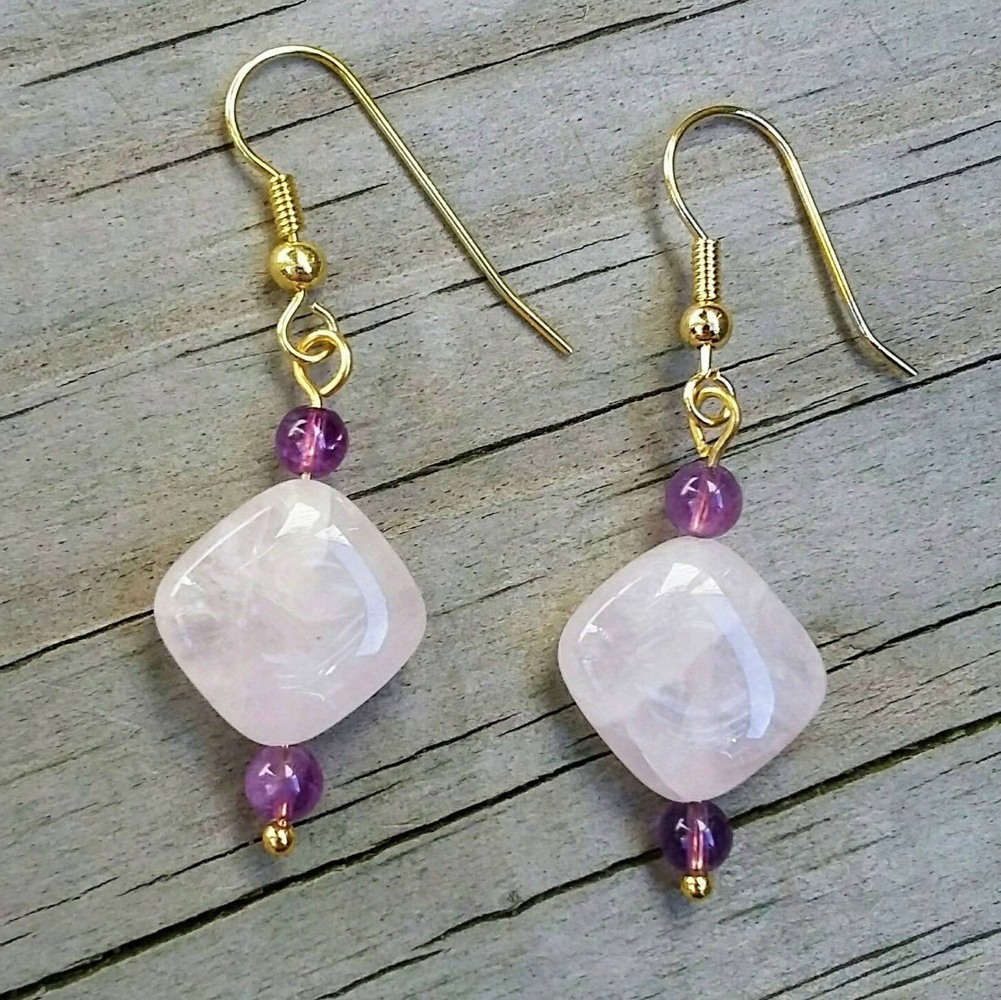 Rose Quartz Gold Dangle Earrings with Amethyst