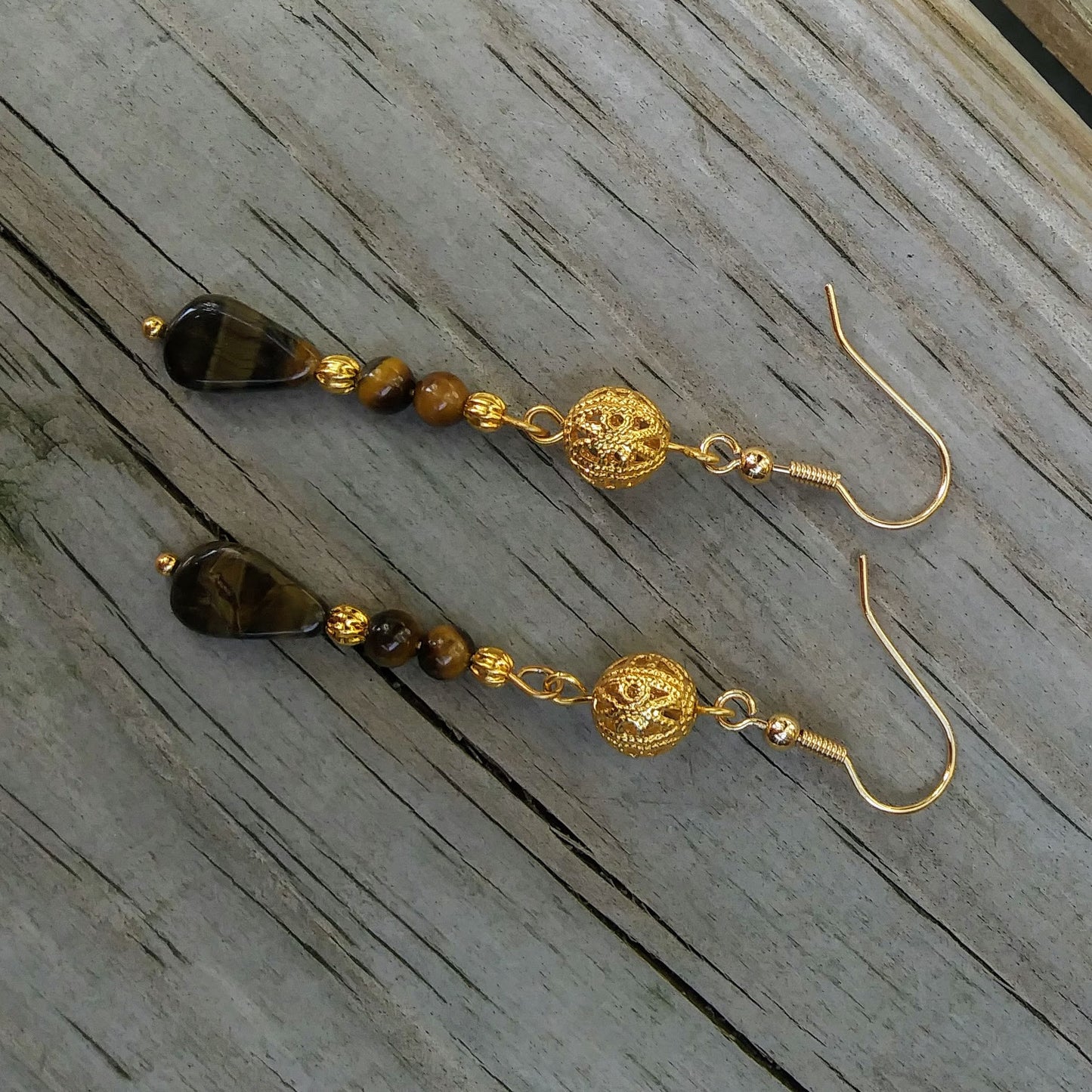 Natural Tigers Eye Dangle Earrings with Edwardian Gold Filigree