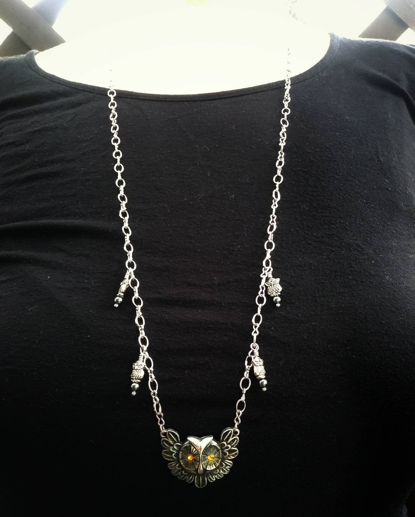 Upcycled Silver Owl Assemblage Necklace w Hematite Accents