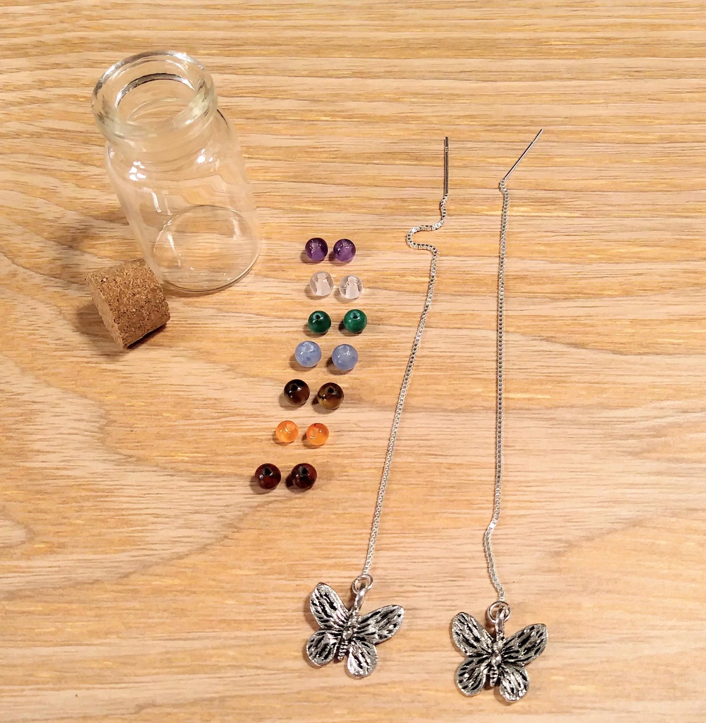 Butterfly Charm Threader Earrings with Chakra Gemstone Set - 4 inch 0.925 Sterling Silver Threads