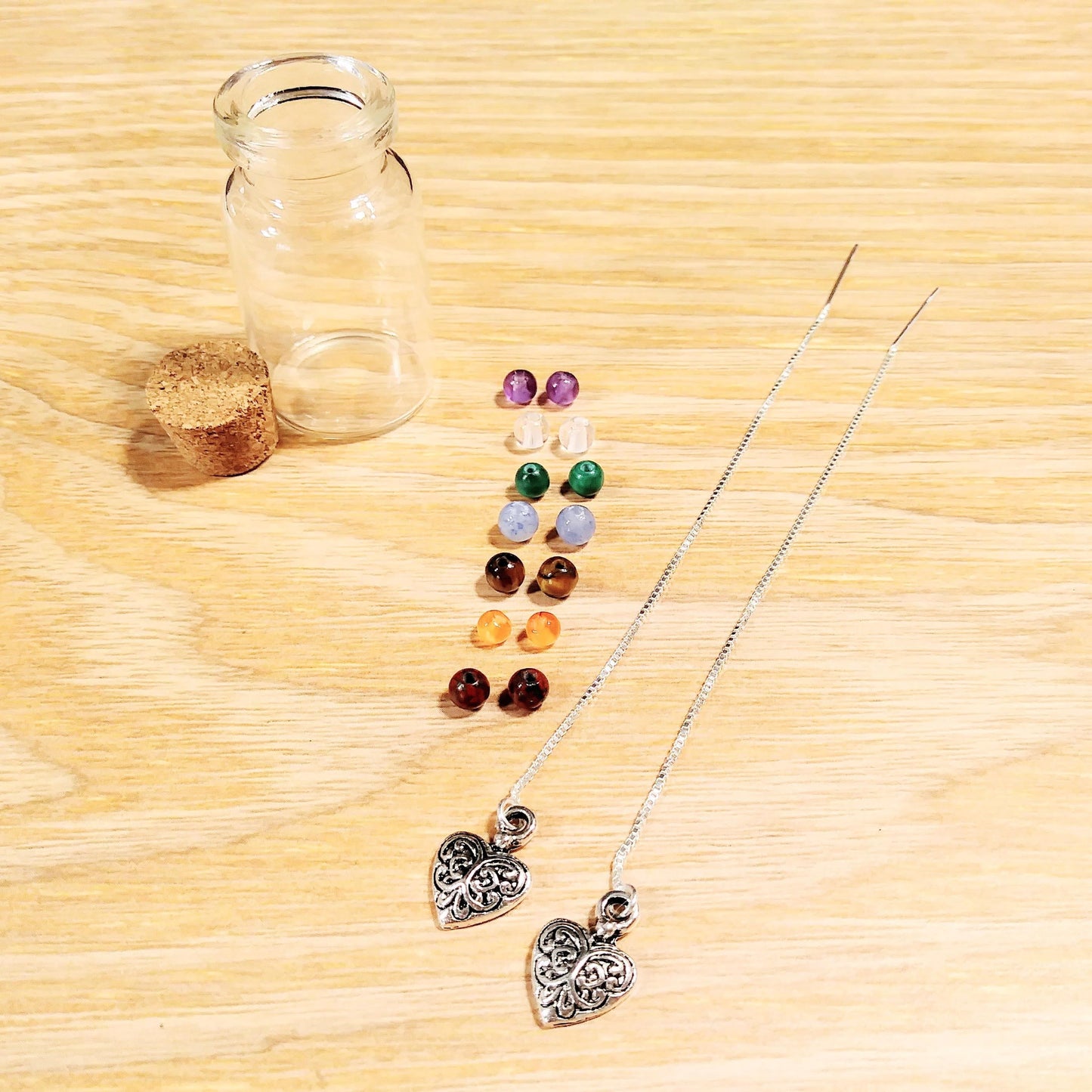 Heart Charm Threader Earrings with Chakra Gemstone Set - 4 inch 0.925 Sterling Silver Threads