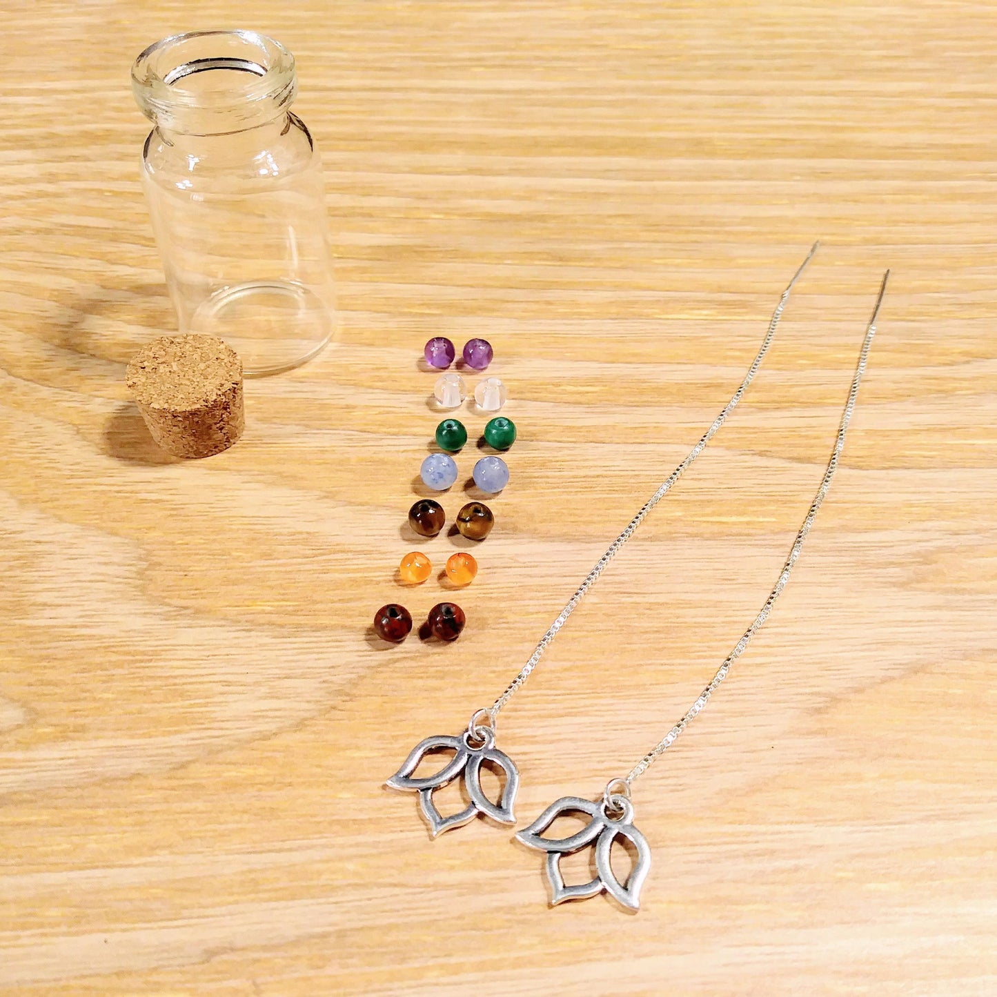 Lotus Charm Threader Earrings with Chakra Gemstone Set - 4 inch 0.925 Sterling Silver Threads