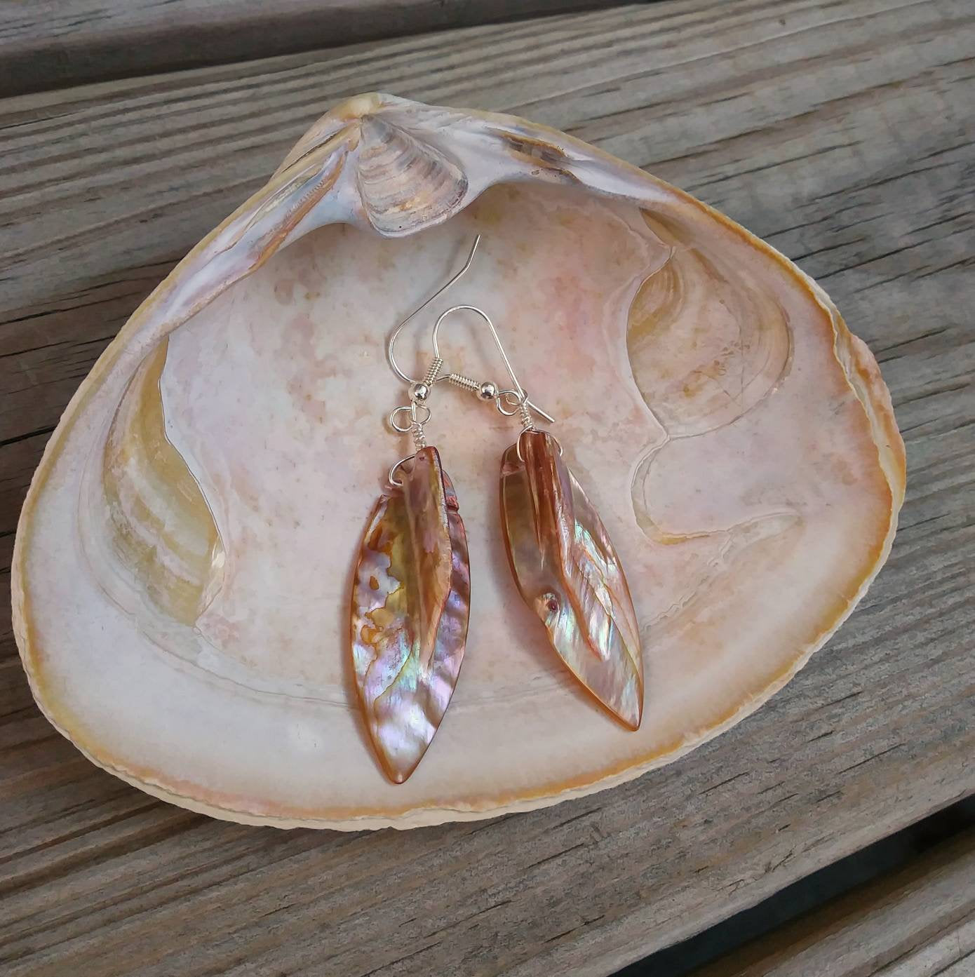 Upcycled Long Shell Dangle Earrings on Silver