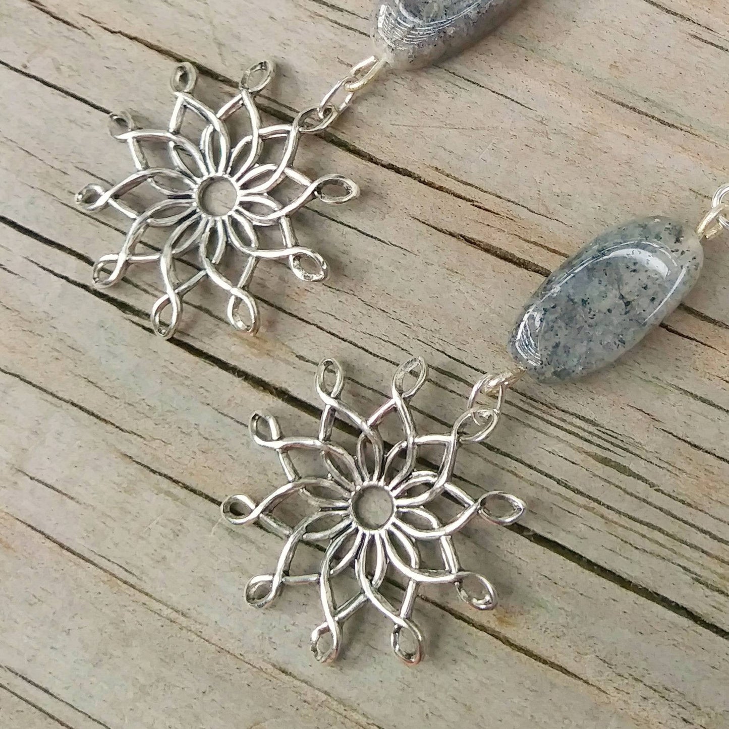 Sterling Silver Vintage Starbursts w Spotted Gray Quartz Dangle Earrings