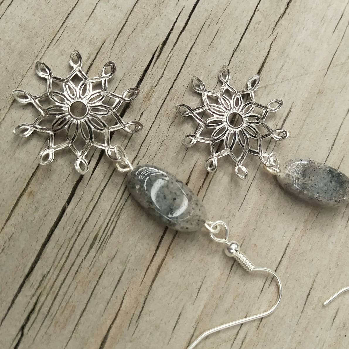 Sterling Silver Vintage Starbursts w Spotted Gray Quartz Dangle Earrings