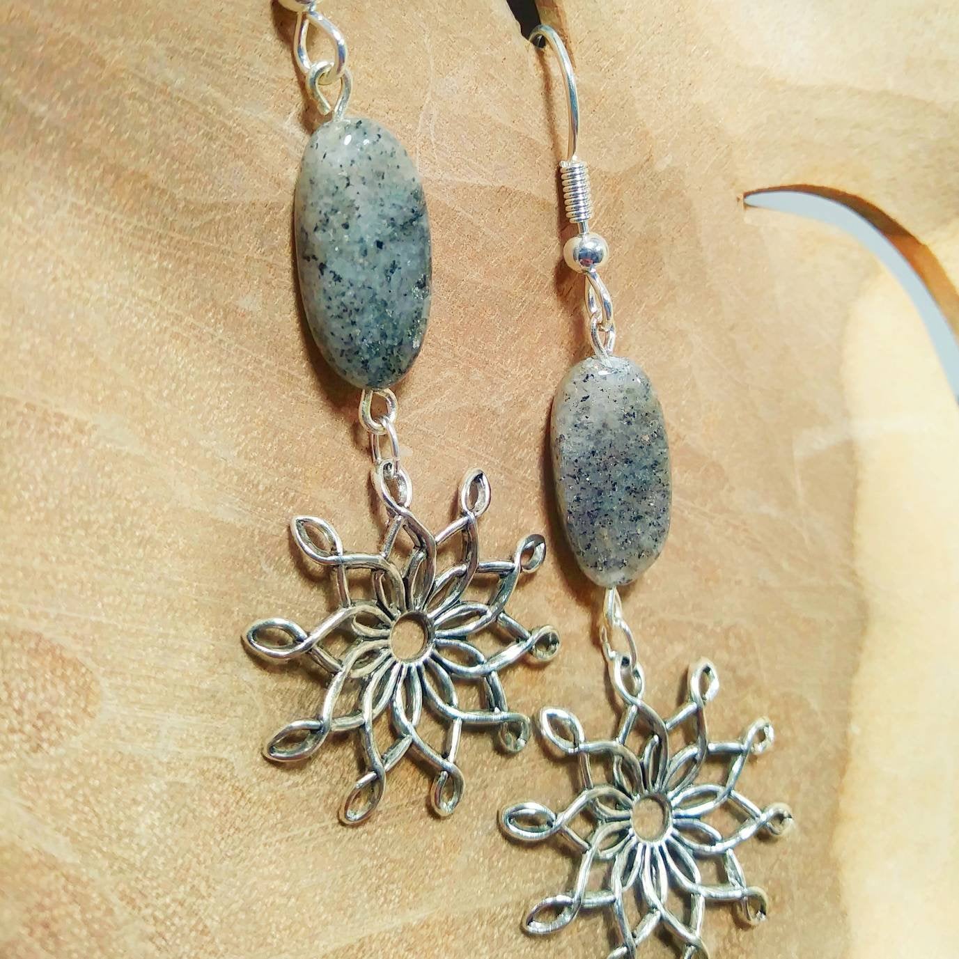 Sterling Silver Vintage Starbursts w Spotted Gray Quartz Dangle Earrings