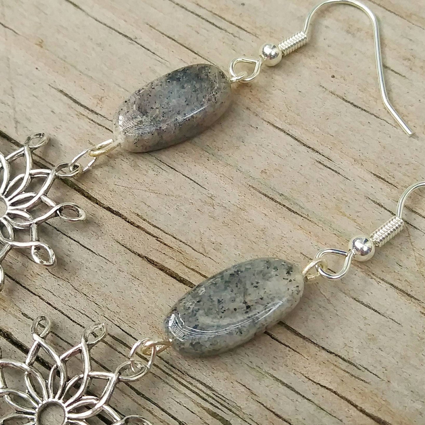 Sterling Silver Vintage Starbursts w Spotted Gray Quartz Dangle Earrings