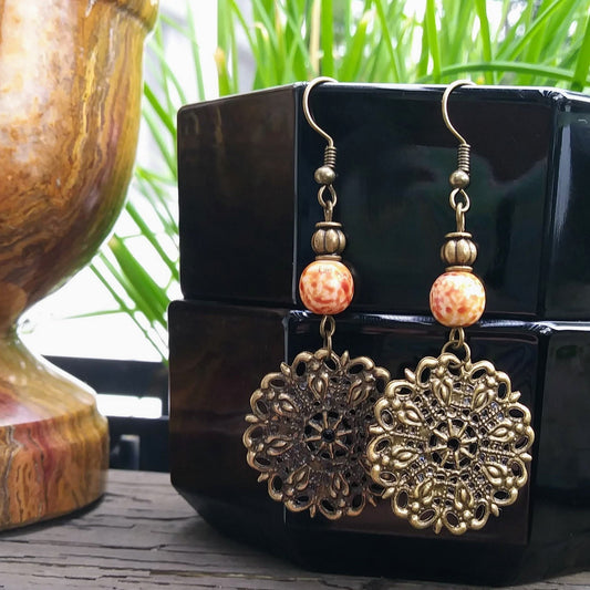 Burnt Orange Spanish Filigree Boho Chic Statement Earrings