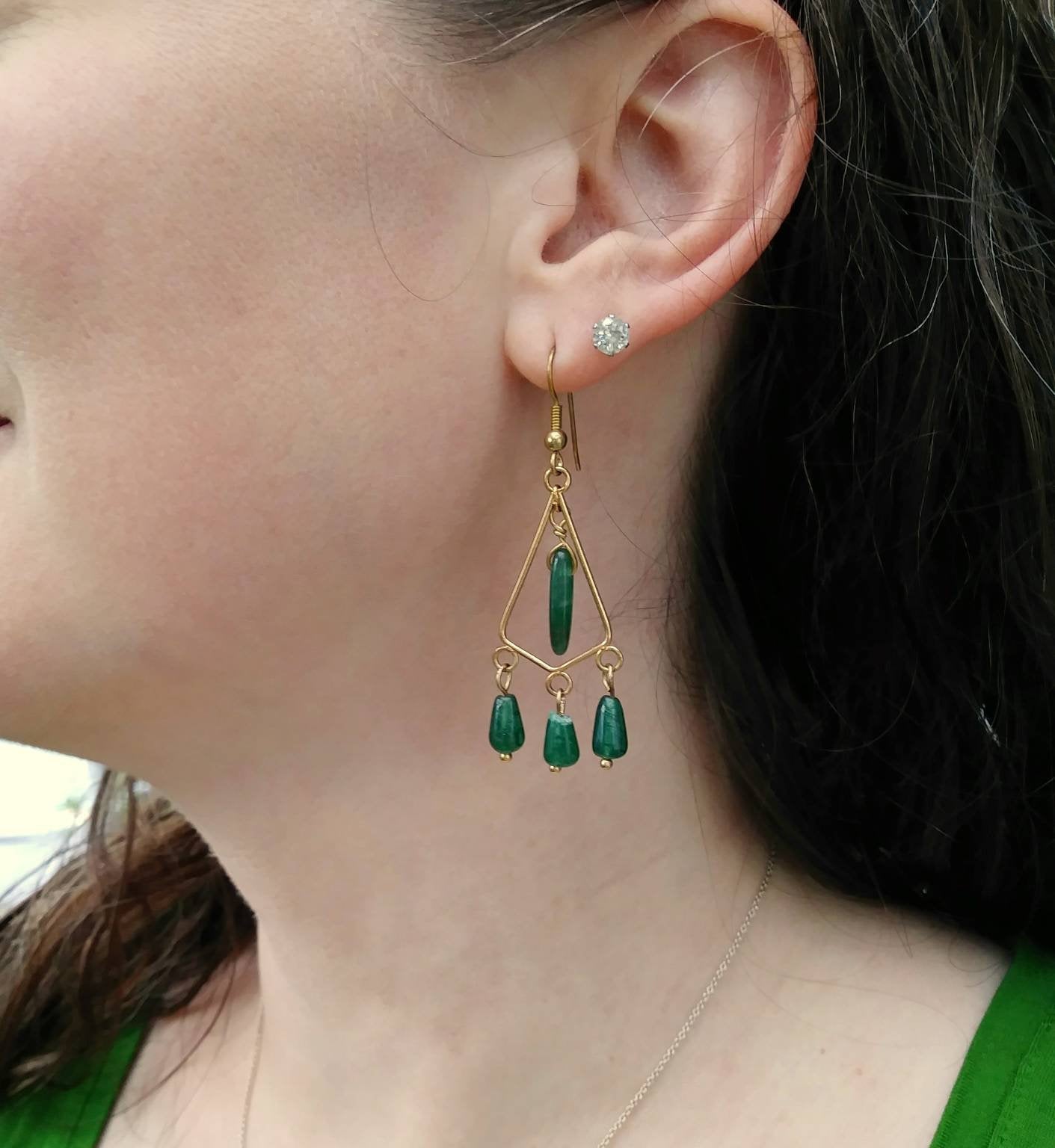 Dark Green Aventurine Gold Triangle Chandelier Earrings