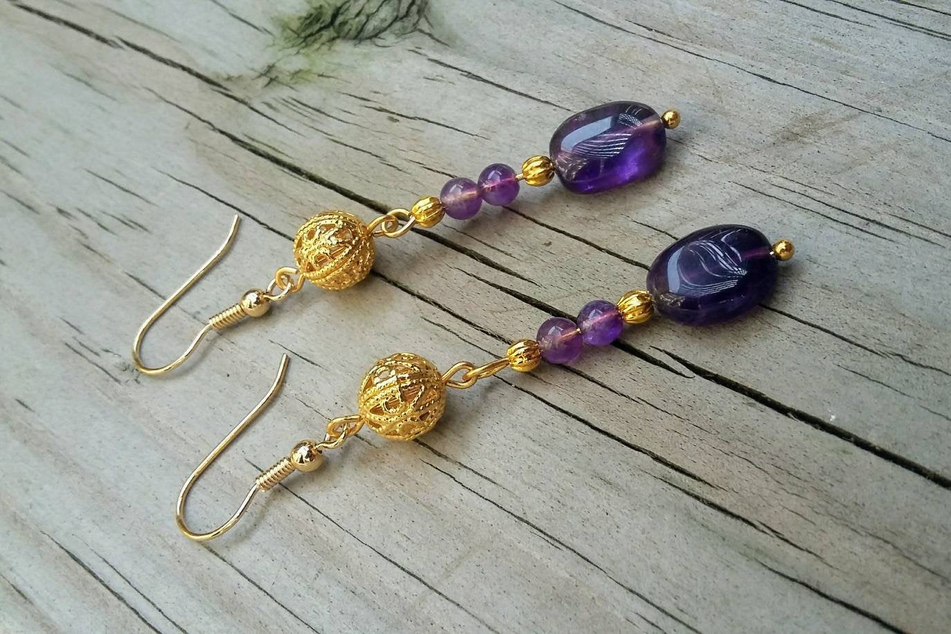 Genuine Amethyst Dangle Earrings w Edwardian Gold Filigree
