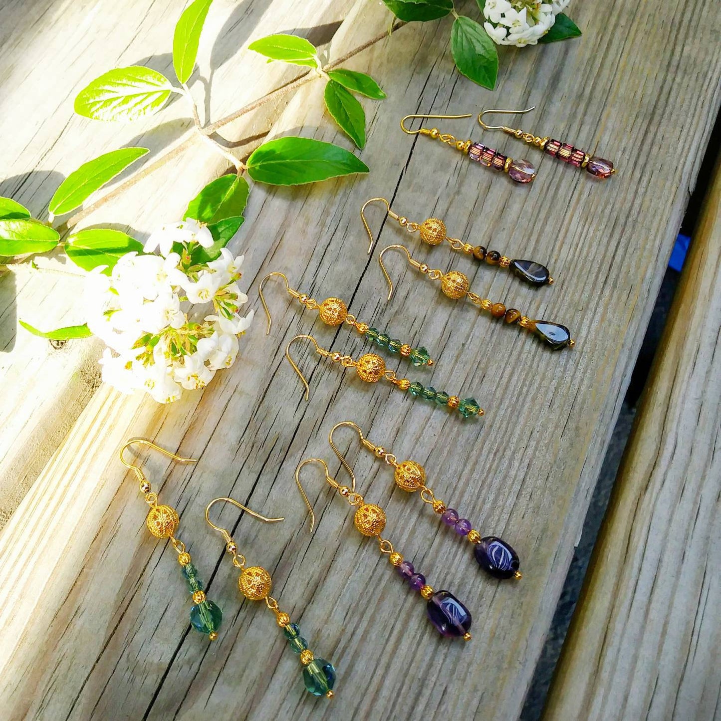 Lavender Austrian Crystal Dangle Earrings with Edwardian Gold Filigree