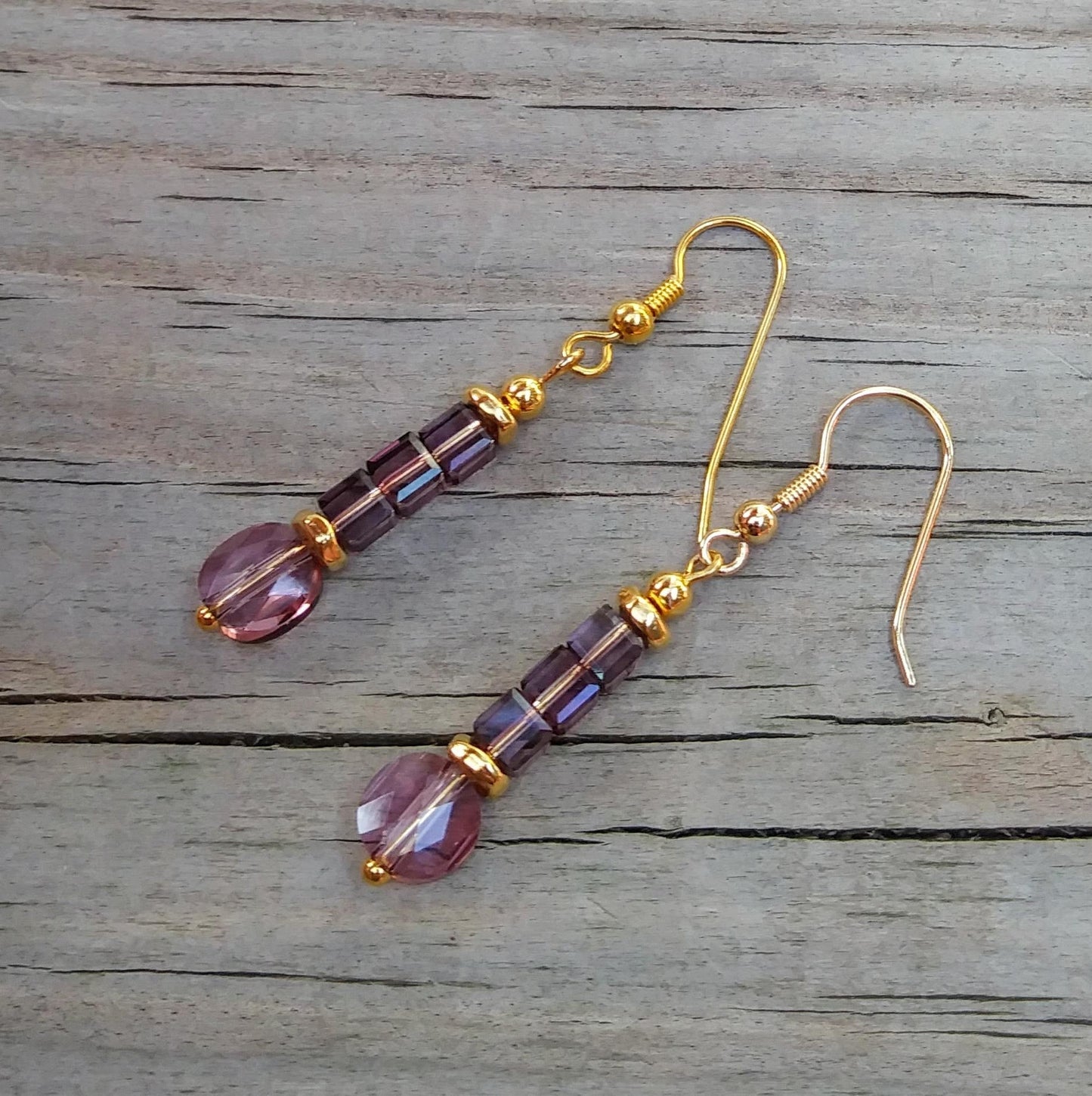 Lavender Austrian Crystal Dangle Earrings with Edwardian Gold Filigree