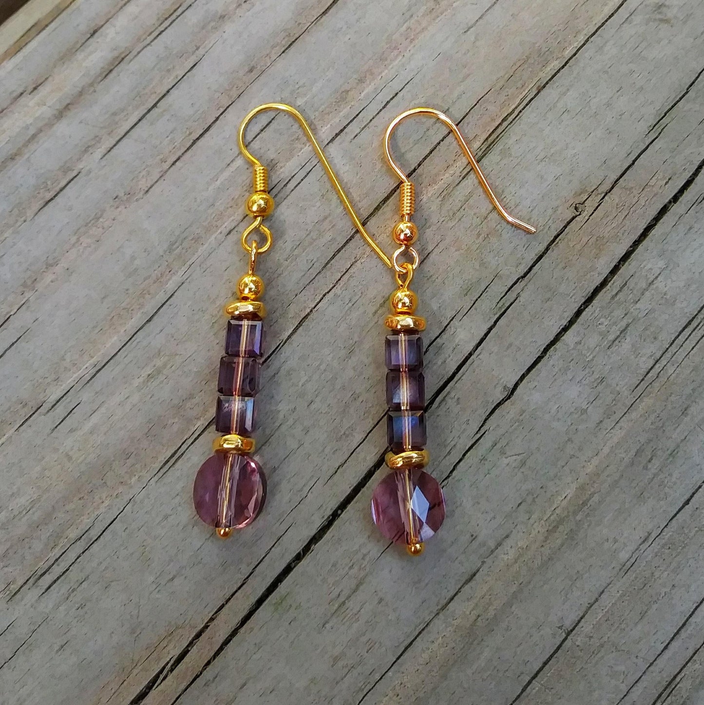 Lavender Austrian Crystal Dangle Earrings with Edwardian Gold Filigree