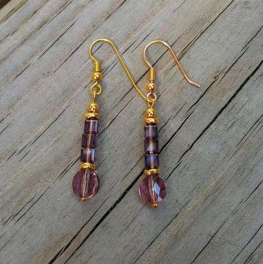 Lavender Austrian Crystal Dangle Earrings with Edwardian Gold Filigree