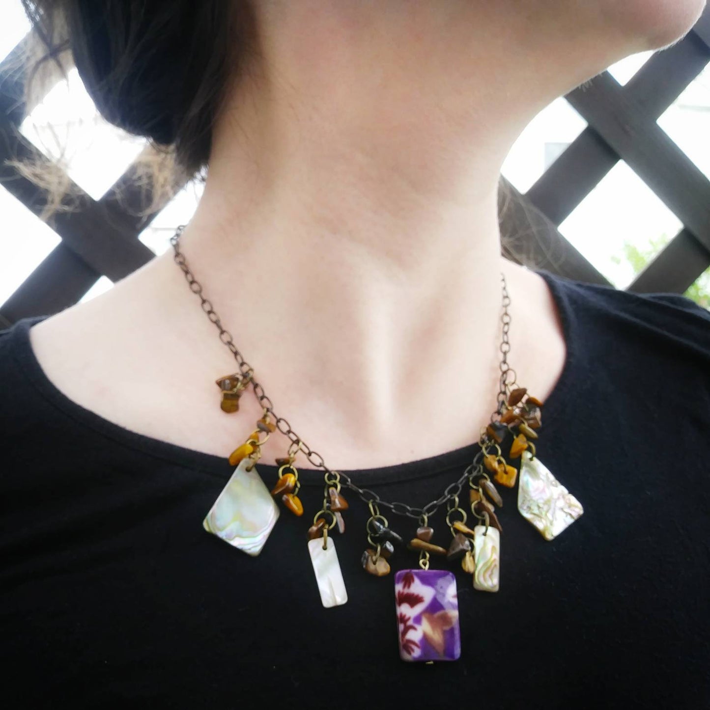 Upcycled Natural Shell & Tigers Eye Purple Assemblage Necklace Set w Earrings