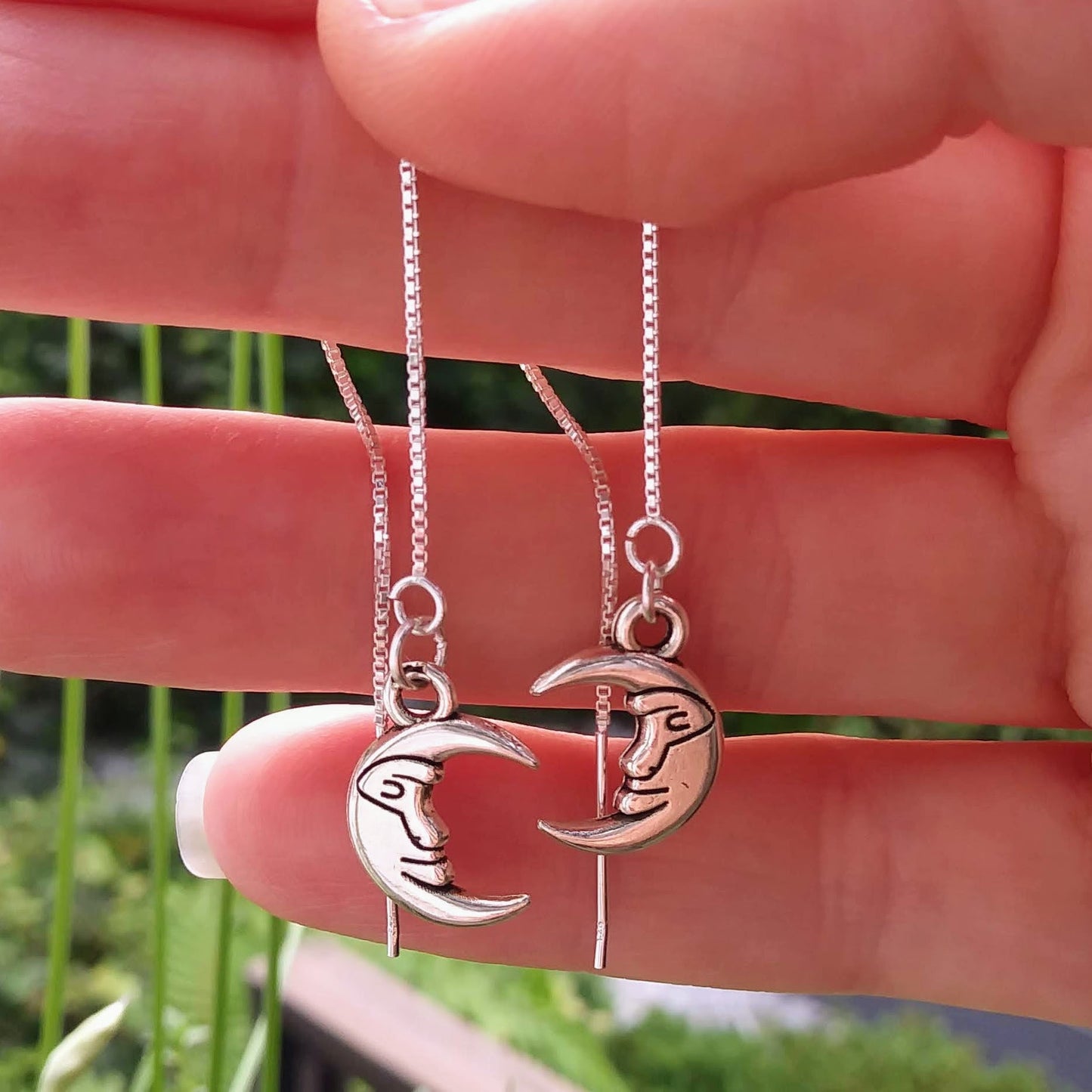 Man in the Moon Threader Earrings - 4 inch 0.925 Sterling Silver Threads