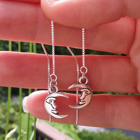 Man in the Moon Threader Earrings - 4 inch 0.925 Sterling Silver Threads