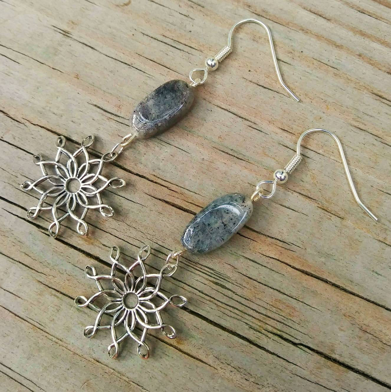 Sterling Silver Vintage Starbursts w Spotted Gray Quartz Dangle Earrings