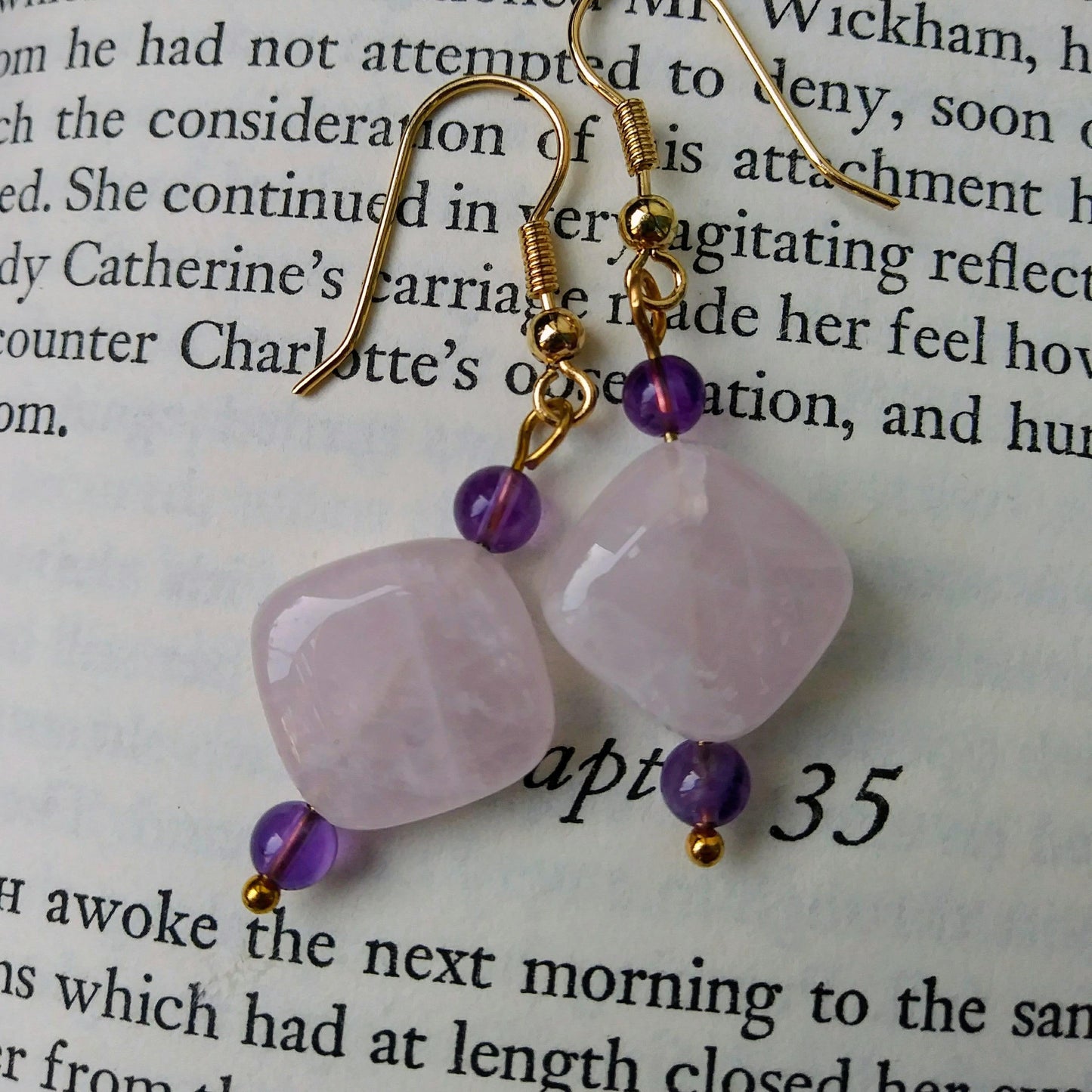 Rose Quartz Gold Dangle Earrings with Amethyst
