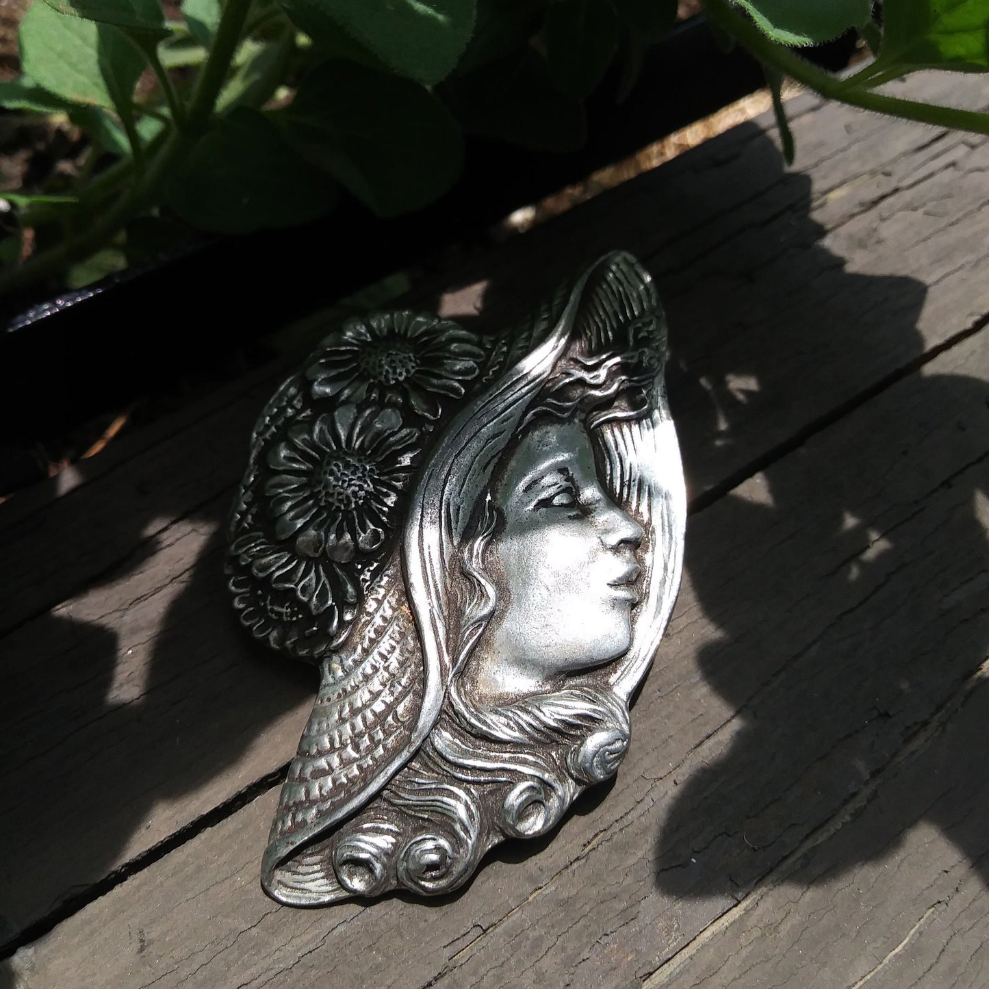 Vintage Brooch, Signed by Seagull Pewter of Canada: Girl with Flower Straw Hat