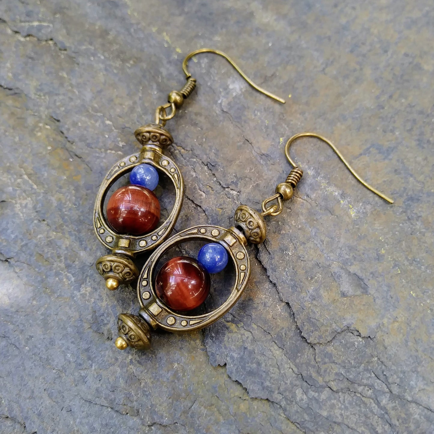 Red Tigers Eye Earrings w Natural Blue Aventurine Steampunk Hoop Earrings
