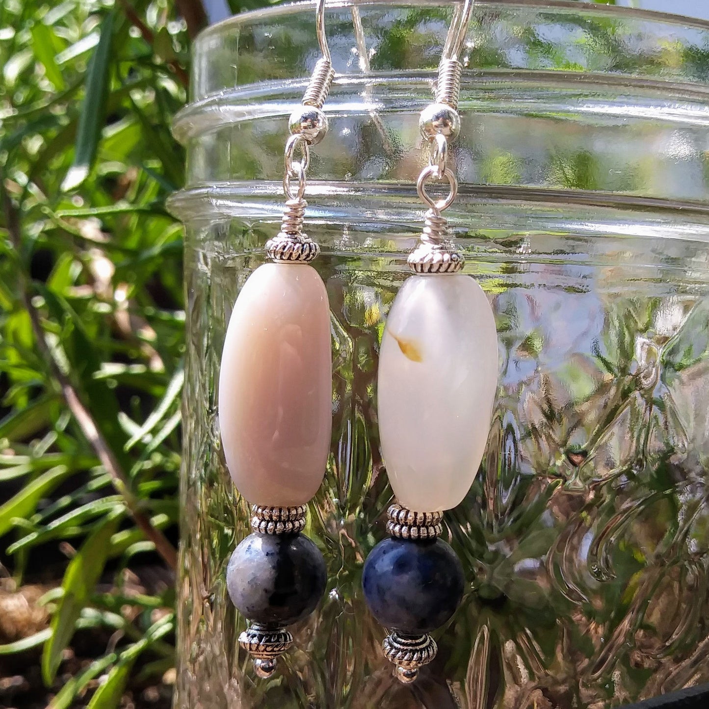 Blue Dumortierite & Upcycled White Stone Statement Earrings
