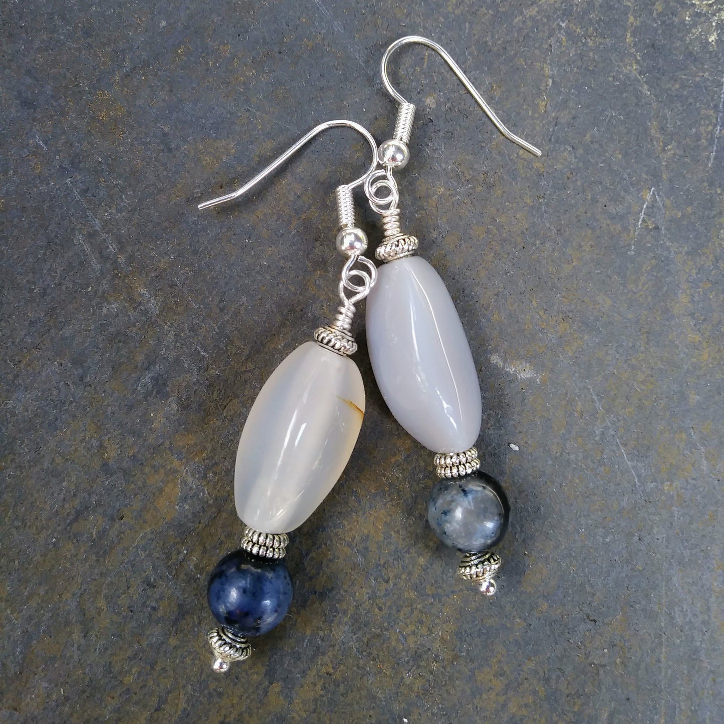 Blue Dumortierite & Upcycled White Stone Statement Earrings